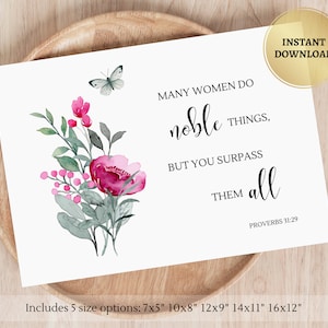 Verset biblique imprimable pour femmes | Cadeau de citation d'écriture sainte chrétienne pour une mère | Proverbes 31 | Carte religieuse pour maman | Aquarelle florale