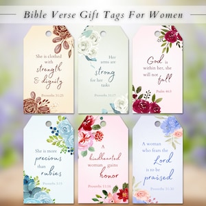Etiquetas de regalo con versículos bíblicos imprimibles para mujeres / Citas inspiradoras de las Escrituras para ella / Recuerdos de fiesta cristianos DIY / Etiqueta colgante floral de acuarela