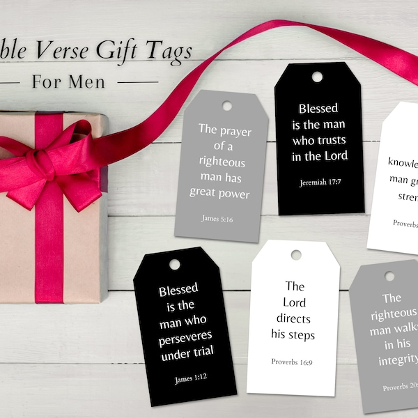 Printable Bible Verse Gift Tags For Men | Christian Scripture Tags For Dad | Minimalist Birthday Gift Tags | Church Party Favor Hang Tags