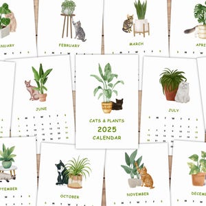 2025 Katzen & Pflanzen Tischkalender Printable | Aquarell Zimmerpflanzen Kalender | Katzen Liebhaber Geburtstagsgeschenk | Lustiger Haustier Monatskalender