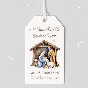 Personalized Christmas Gift Tag | Custom Nativity Label | Printable Christian Holiday Party Favor | DIY Watercolor Card | Editable Templates