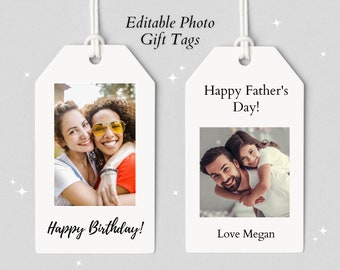 Etiquetas de regalo de fotos personalizadas / Etiquetas personalizadas / Etiquetas colgantes imprimibles / Favores de fiesta de cumpleaños de bricolaje / Etiquetas de boda / Plantillas Canva editables