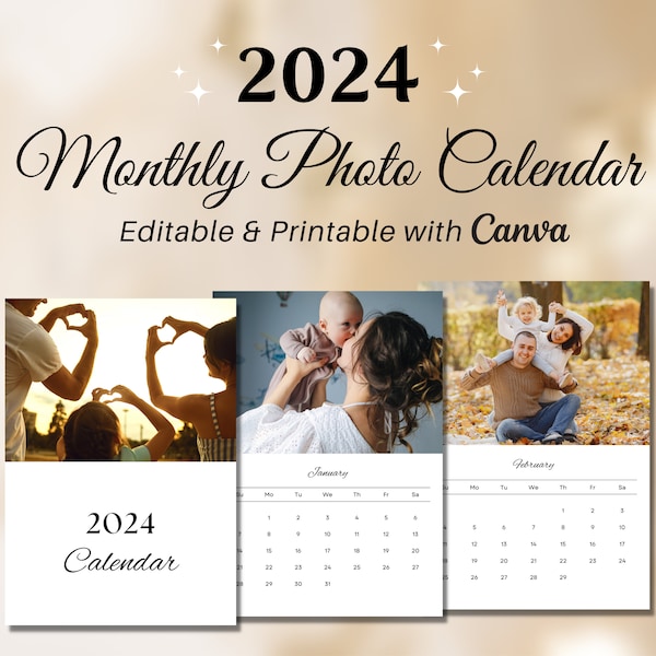 Personalized 2024 Photo Calendar | Printable DIY Gift | Custom Birthday Gift | Monthly Picture Wall Calendar | Editable Canva Templates