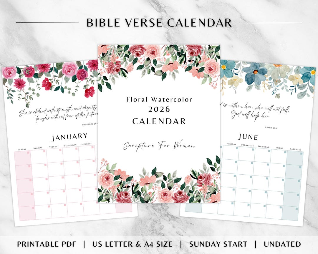 2026 Bible Verse Calendar | Floral Watercolor Printable | Inspirational ...