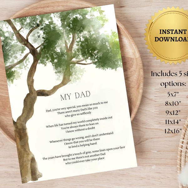 Printable Poem For Dad | DIY Gift For Father's Day | Poetry Card From Daughter or Son | Watercolor Tree Shelf Picture | Simple Poem Wall Art