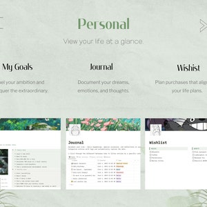 May include: A digital planner with three sections: My Goals, Journal, and Wishlist. Each section has a title and a brief description. The My Goals section has a green background with a picture of a forest. The Journal section has a pink background with a picture of a forest. The Wishlist section has a blue background with a picture of a cartoon cat.