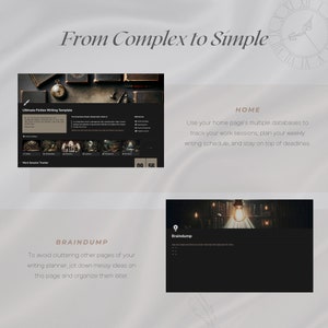 May include: A digital planner mockup with a dark background and gold accents. The planner is designed to help writers organize their work, track their progress, and stay on top of deadlines. The text "From Complex to Simple" is displayed at the top of the image.