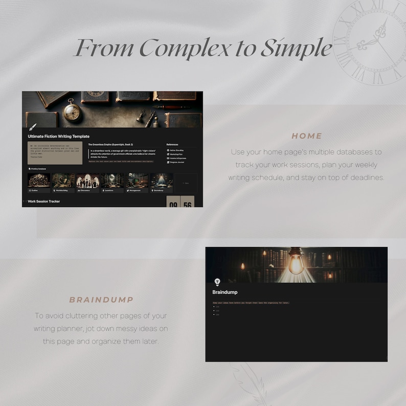 May include: A digital planner mockup with a dark background and gold accents. The planner is designed to help writers organize their work, track their progress, and stay on top of deadlines. The text "From Complex to Simple" is displayed at the top of the image.