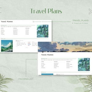 May include: A digital planner with a green background and a white frame. The planner is divided into two sections: a packing list and a travel planner. The packing list section has a checklist of items to pack, while the travel planner section has a checklist of things to do and a notes section. The planner also includes a picture of a landscape with a cloudy sky.
