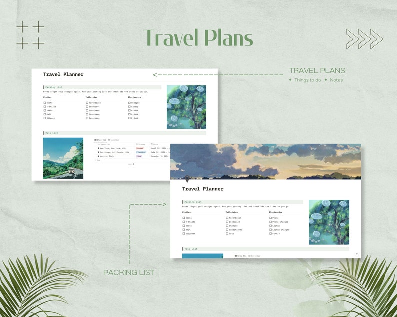 May include: A digital planner with a green background and a white frame. The planner is divided into two sections: a packing list and a travel planner. The packing list section has a checklist of items to pack, while the travel planner section has a checklist of things to do and a notes section. The planner also includes a picture of a landscape with a cloudy sky.