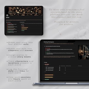 May include: A laptop computer screen displaying a dark grey and red digital planner for writers. The planner includes sections for outlining a story, plotting scenes, and tracking characters and locations. The text on the screen reads "Break your story into four distinct acts." and "Designed by writers, for writers."