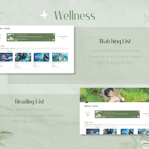 May include: A digital wellness tracker with a green background. The tracker has sections for "Media Lists", "Watching List", and "Reading List". Each section has a list of items to track, such as movies, books, and TV shows. The tracker also includes a rating system for each item.