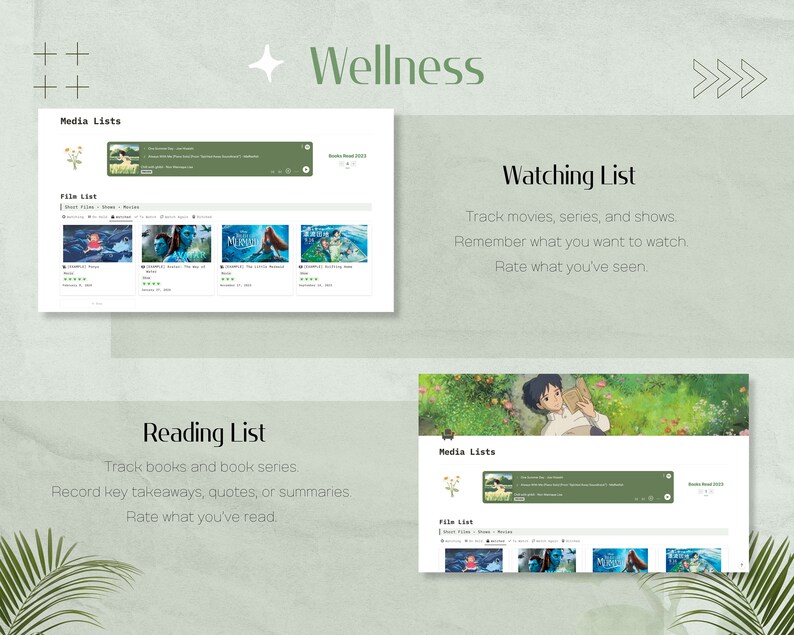 May include: A digital wellness tracker with a green background. The tracker has sections for "Media Lists", "Watching List", and "Reading List". Each section has a list of items to track, such as movies, books, and TV shows. The tracker also includes a rating system for each item.