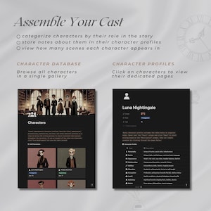 May include: A dark grey screen with a light grey border shows a character database and character profiles. The database shows a group of characters in a library setting. The profile shows a character named Luna Nightingale with a description of her personality, quirks, appearance, abilities, beliefs, and more.