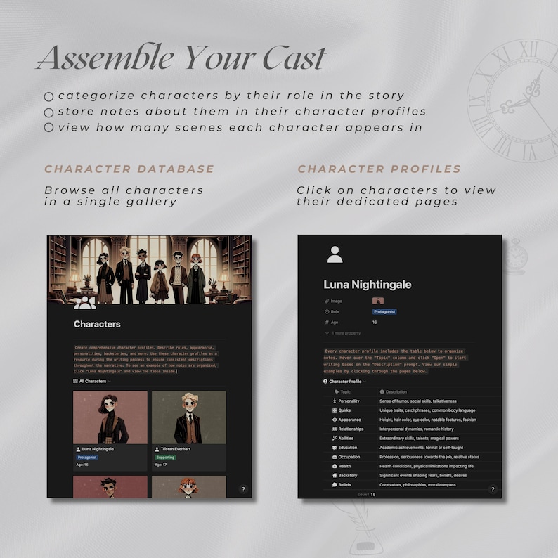 May include: A dark grey screen with a light grey border shows a character database and character profiles. The database shows a group of characters in a library setting. The profile shows a character named Luna Nightingale with a description of her personality, quirks, appearance, abilities, beliefs, and more.