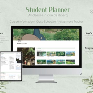 May include: A computer screen displaying a student planner website with a cartoon image of a cat and a character from the movie My Neighbor Totoro. The website includes sections for course information, class schedule, assignment tracker, and Pomodoro timer. The text on the screen reads "Student Planner [All classes in one dashboard] Course Information Class Schedule Assignment Tracker Education Pomodoro Kitty 25:00 Class Schedule Help track of courses, assignments, and exams Assignments Connected databases, Never miss assignment"