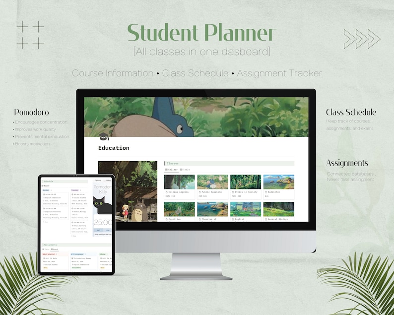 May include: A computer screen displaying a student planner website with a cartoon image of a cat and a character from the movie My Neighbor Totoro. The website includes sections for course information, class schedule, assignment tracker, and Pomodoro timer. The text on the screen reads "Student Planner [All classes in one dashboard] Course Information Class Schedule Assignment Tracker Education Pomodoro Kitty 25:00 Class Schedule Help track of courses, assignments, and exams Assignments Connected databases, Never miss assignment"