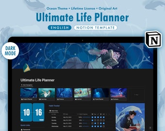 Plantilla de noción Ultimate Life Planner / Panel todo en uno, Planificador semanal digital, Calendario productivo, Estética oceánica