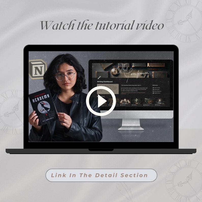May include: A woman in a black leather jacket is holding a book titled "Nightmare Academy" in front of a laptop screen. The laptop screen shows a play button and a website with the text "Writing Dashboard" and "Mel Youkhana".
