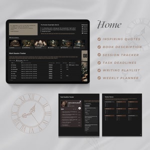 May include: A dark gray tablet computer with a black screen displaying a digital planner app. The app has a dark theme and features a work session tracker, task deadline tracker, and weekly planner. The app also includes a writing playlist and inspiring quotes.