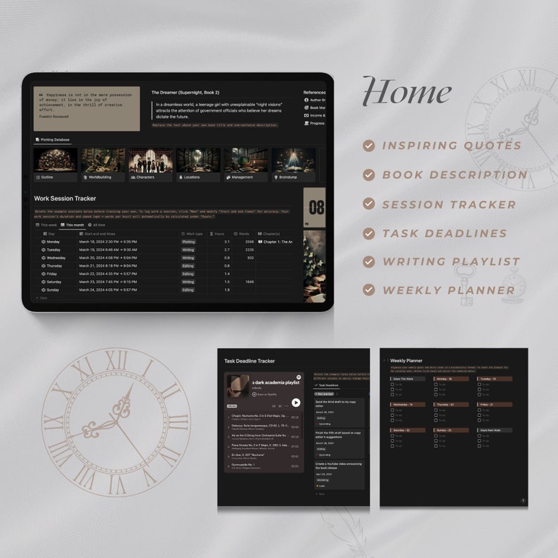 May include: A dark gray tablet computer with a black screen displaying a digital planner app. The app has a dark theme and features a work session tracker, task deadline tracker, and weekly planner. The app also includes a writing playlist and inspiring quotes.