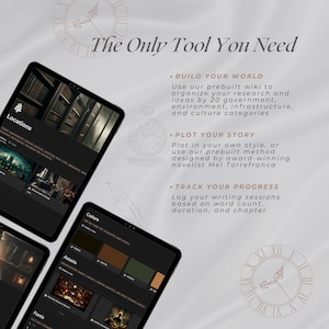 May include: A screenshot of a computer screen showing a software program for writers. The program has tabs for locations, colors, assets, and fonts. The text "The Only Tool You Need" is at the top of the screen. The program has features for building a world, plotting a story, and tracking progress.
