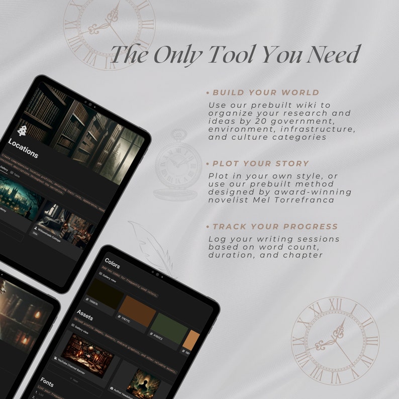 May include: A screenshot of a computer screen showing a software program for writers. The program has tabs for locations, colors, assets, and fonts. The text "The Only Tool You Need" is at the top of the screen. The program has features for building a world, plotting a story, and tracking progress.