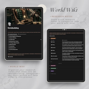 May include: A digital screen displaying a worldbuilding wiki with a list of topics to research, including history, military, economy, politics, education, law & justice, and social hierarchy. The screen also includes a section for research notes, with a description of each topic.
