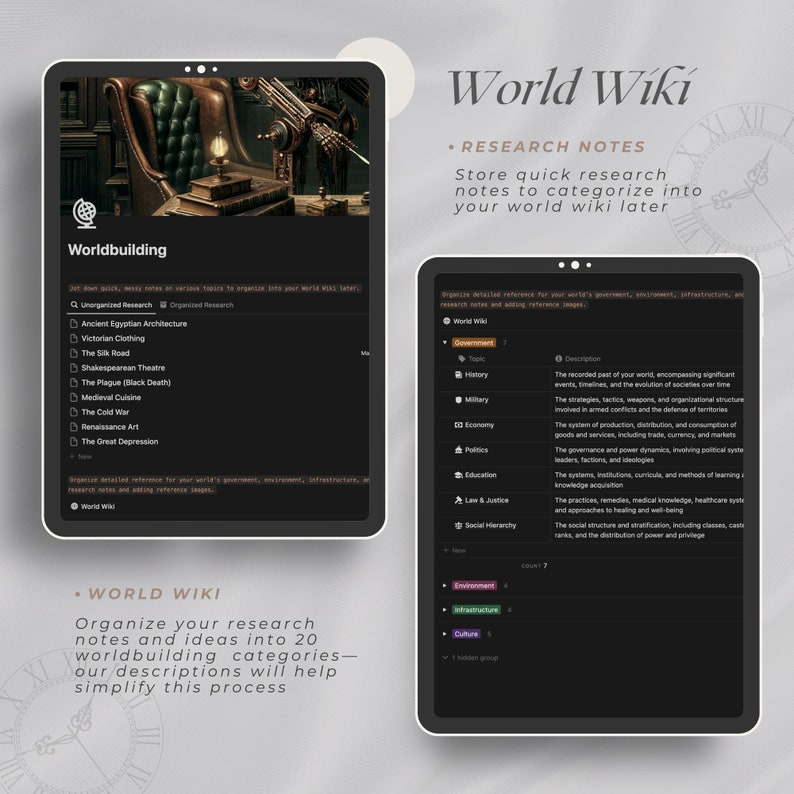 May include: A digital screen displaying a worldbuilding wiki with a list of topics to research, including history, military, economy, politics, education, law & justice, and social hierarchy. The screen also includes a section for research notes, with a description of each topic.