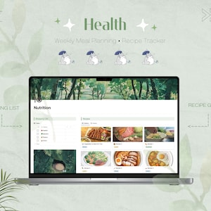 May include: A laptop computer screen displaying a website for weekly meal planning and recipe tracking. The website has a green and white color scheme and features a shopping list, nutrition information, and a recipe gallery. The website is titled "Health" and features a cartoon character with an umbrella.