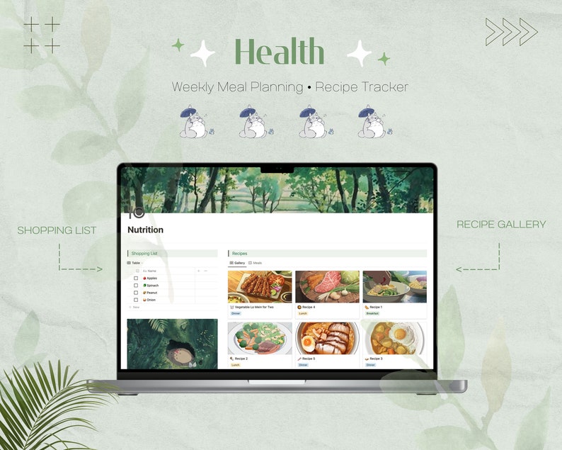 May include: A laptop computer screen displaying a website for weekly meal planning and recipe tracking. The website has a green and white color scheme and features a shopping list, nutrition information, and a recipe gallery. The website is titled "Health" and features a cartoon character with an umbrella.