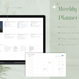 May include: A weekly planner with a calendar, to-do lists, and a section for tracking events. The planner is open on a laptop computer with a green background. The text "Weekly Planner" is in a large, white font with a green sparkle on each side.