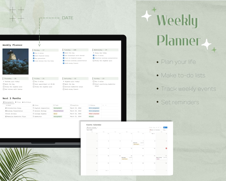 May include: A weekly planner with a calendar, to-do lists, and a section for tracking events. The planner is open on a laptop computer with a green background. The text "Weekly Planner" is in a large, white font with a green sparkle on each side.
