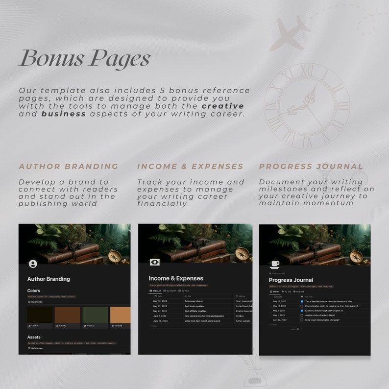 May include: A digital template for authors to manage their creative and business aspects. The template includes three pages: Author Branding, Income & Expenses, and Progress Journal. Each page has a dark background with a green and brown nature scene and a compass.