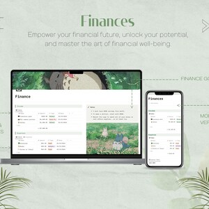 May include: A laptop and a mobile phone display a budgeting app with the title "Finances". The app shows income and expenses, with a note section. The laptop screen has a background image of a cartoon character from the movie "My Neighbor Totoro". The text "Finances" is displayed in a large font at the top of the image. The text "Empower your financial future, unlock your potential, and master the art of financial well-being." is displayed below the title. The text "INCOME & EXPENSES" is displayed on the left side of the image. The text "FINANCE GOALS" is displayed on the right side of the image. The text "MOBILE VERSION" is displayed below the text "FINANCE GOALS".
