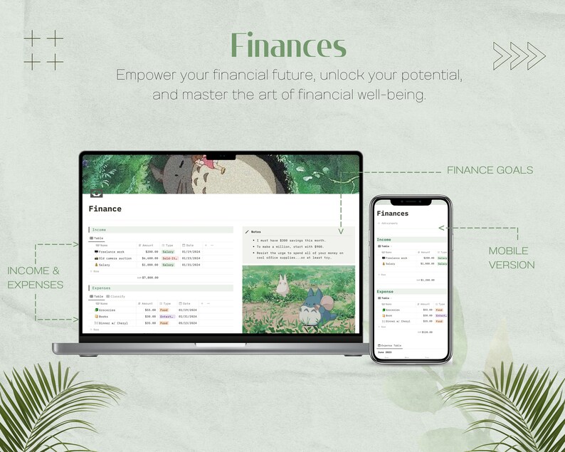 May include: A laptop and a mobile phone display a budgeting app with the title "Finances". The app shows income and expenses, with a note section. The laptop screen has a background image of a cartoon character from the movie "My Neighbor Totoro". The text "Finances" is displayed in a large font at the top of the image. The text "Empower your financial future, unlock your potential, and master the art of financial well-being." is displayed below the title. The text "INCOME & EXPENSES" is displayed on the left side of the image. The text "FINANCE GOALS" is displayed on the right side of the image. The text "MOBILE VERSION" is displayed below the text "FINANCE GOALS".