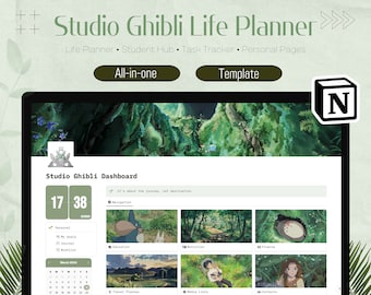 Plantilla Studio Ghibli Life Planner para Notion / Panel todo en uno, Planificador semanal digital, Calendario productivo, Estética verde