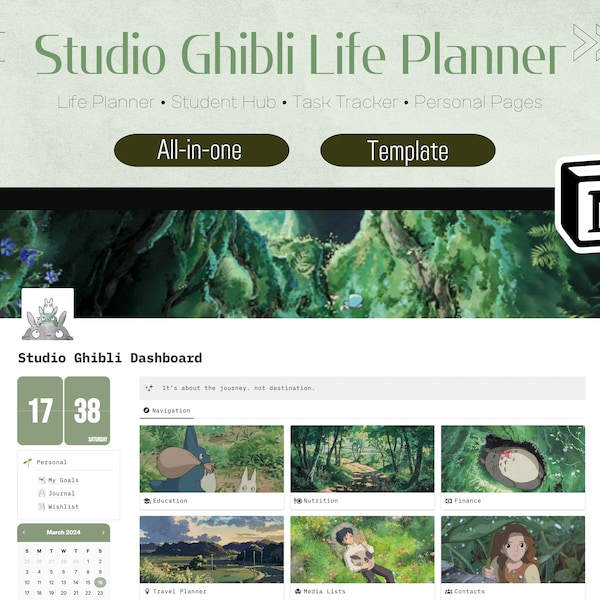 Studio Ghibli Life Planner Template for Notion | All in One Dashboard, Digital Weekly Planner, Productive Calendar, Green Aesthetic