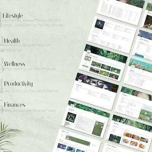 May include: A set of printable planner pages with a green and white background featuring a cartoon character from the animated film My Neighbor Totoro. The pages are labeled with categories such as Lifestyle, Health, Wellness, Productivity, and Finances.