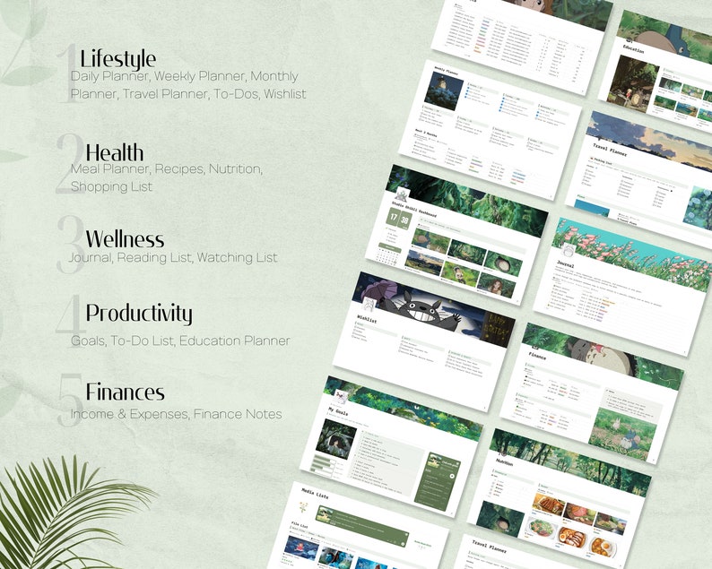 May include: A set of printable planner pages with a green and white background featuring a cartoon character from the animated film My Neighbor Totoro. The pages are labeled with categories such as Lifestyle, Health, Wellness, Productivity, and Finances.