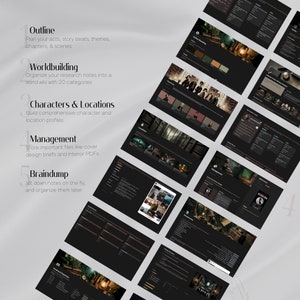 May include: A dark gray screen with five numbered steps for organizing a story or project. The steps are: Outline, Worldbuilding, Characters & Locations, Management, and Braindump. Each step has a brief description and a visual representation of a computer screen with a dark background and a light gray interface.