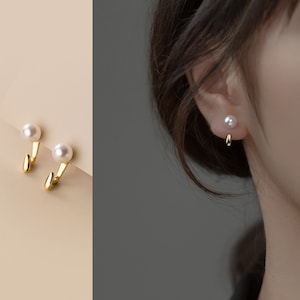Two Styles in One Earring，white pearl earrings , 14K Cultured Pearl Studs ，Front Back Earring，mother‘s day, Christmas,thanks giving ，M01343