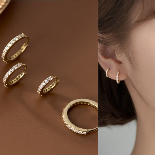 14k Gold Pave Diamomd Huggie Hoops Earrings,  Gold Conch Hoop, Small Cartilage Hoop Earrings, Silver Pave Ring Tragus Hoop，gift for her