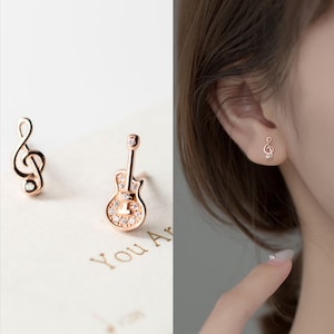 18k Rose Gold Guitar & Music Stud Earrings,music lover,dainty musical theme asymmetric stud earrings,Music Gift,Gift for her