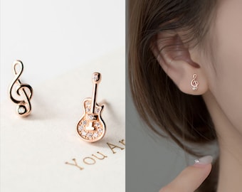 18k Rose Gold Guitar & Music Stud Earrings,music lover,dainty musical theme asymmetric stud earrings,Music Gift,Gift for her