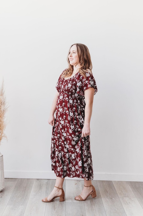 Maternity Maxi, Burgundy Floral Rayon Smocked Dress, Flutter Sleeve Baby Shower Photoshoot Gown - Laurel