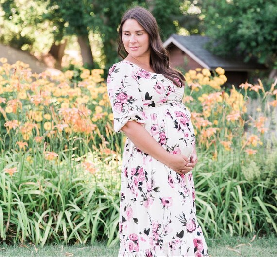 green and pink maternity dress Midi Dress, Floral Sweetheart Neck, Puff Sleeve Baby Shower Gown - Rosella Midi dress