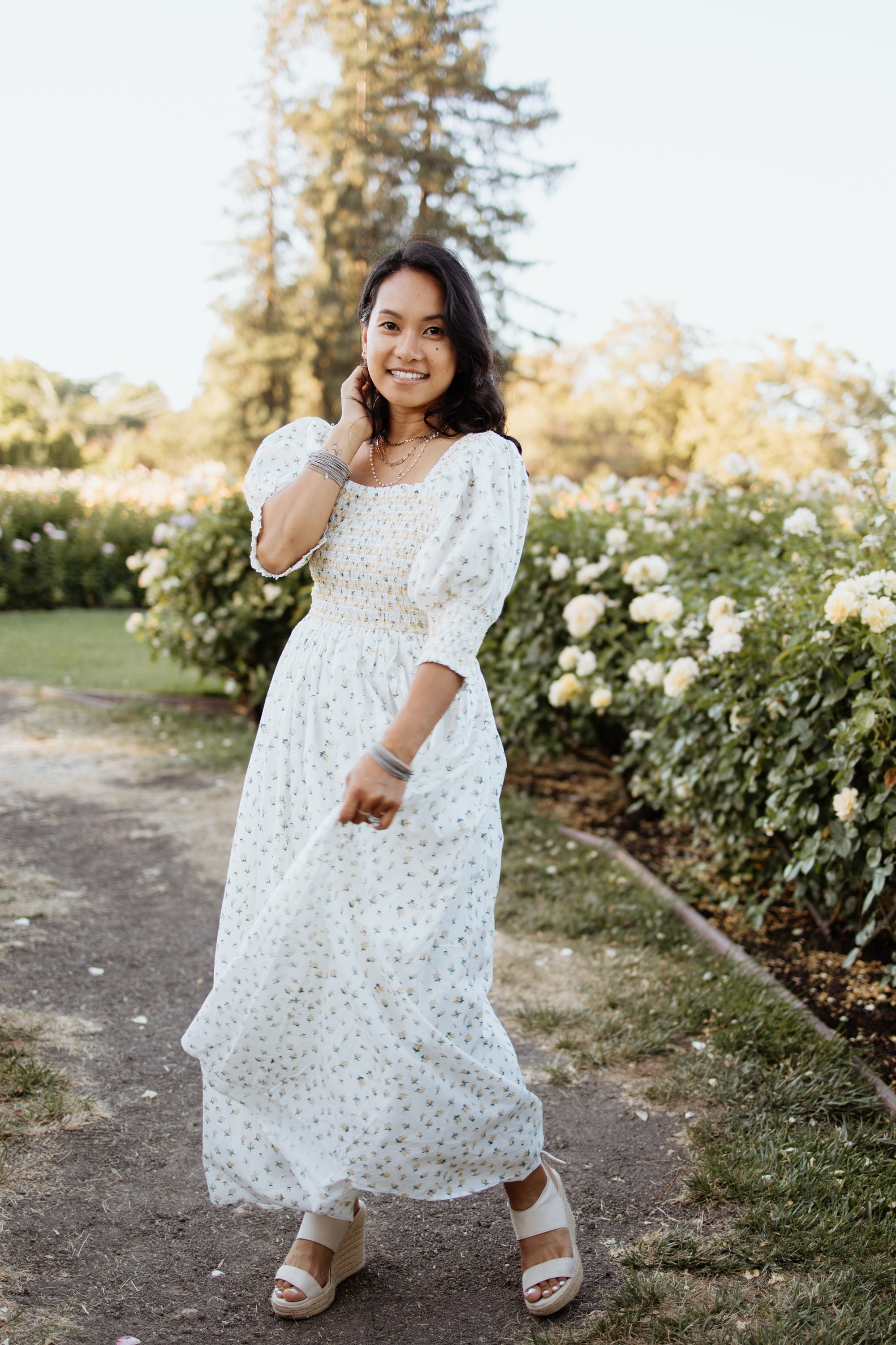 Ivory Cotton Embroidered Smocked Puff Sleeve Maxi Dress, Bridal
