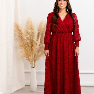 Burgundy Lace Maxi Dress: Deep V Floral Long Sleeve