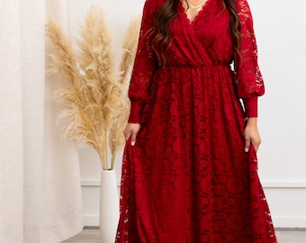 Burgundy Lace Maxi Dress, Long Sleeve Wedding Guest Gown, Modest Formal Wear